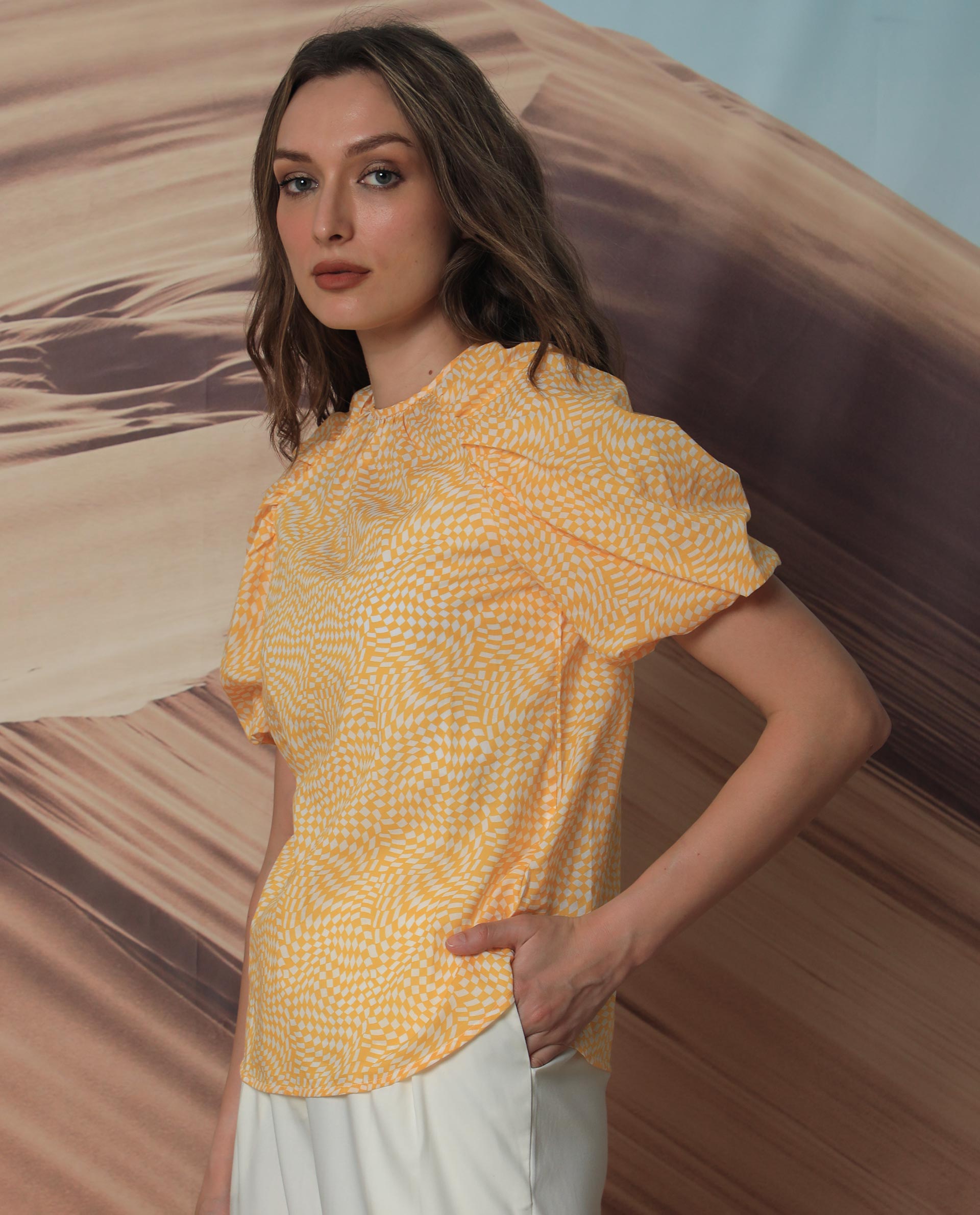 Rareism Women Bulbine Yellow Cotton Fabric Short Sleeves Round Neck Extended Sleeve Regular Fit Geometric Print Top