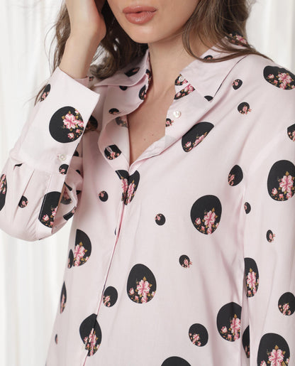 Rareism Women Lumber Light Pink Polyester Fabric Full Sleeves Button Closure Shirt Collar Regular Fit Floral Print Top