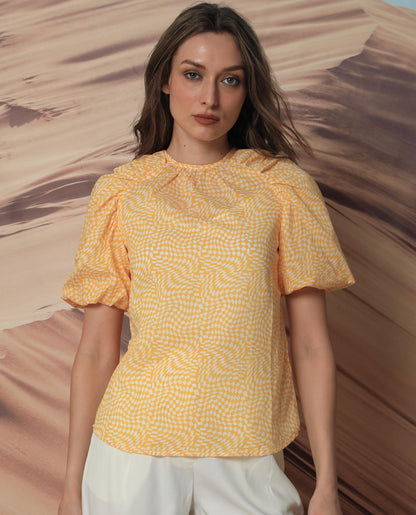 Rareism Women Bulbine Yellow Cotton Fabric Short Sleeves Round Neck Extended Sleeve Regular Fit Geometric Print Top