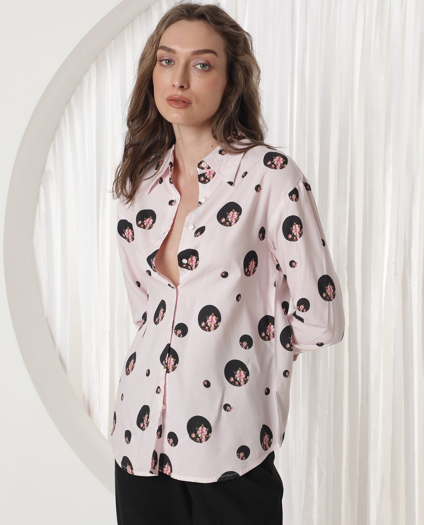 Rareism Women Lumber Light Pink Polyester Fabric Full Sleeves Button Closure Shirt Collar Regular Fit Floral Print Top