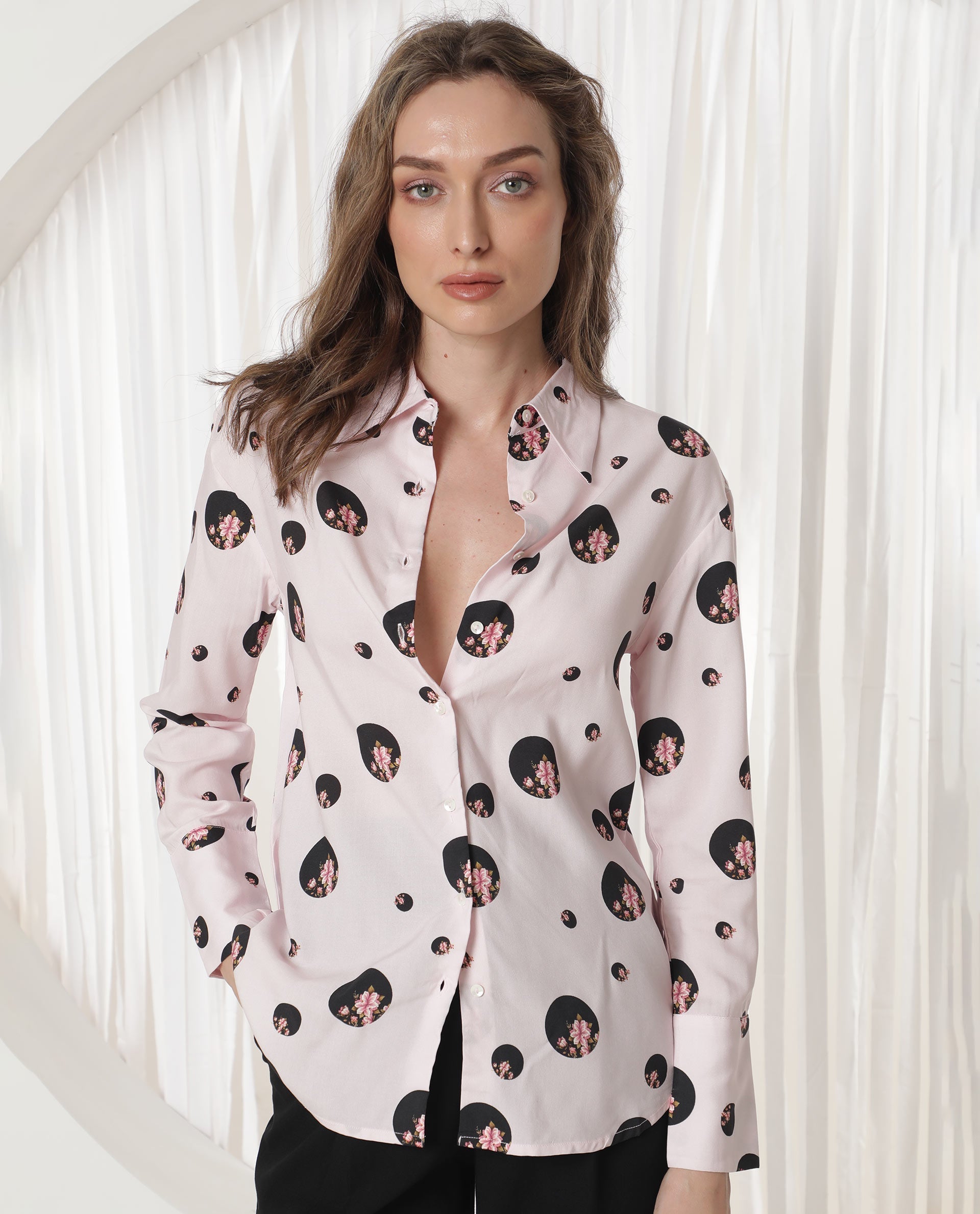 Rareism Women Lumber Light Pink Polyester Fabric Full Sleeves Button Closure Shirt Collar Regular Fit Floral Print Top