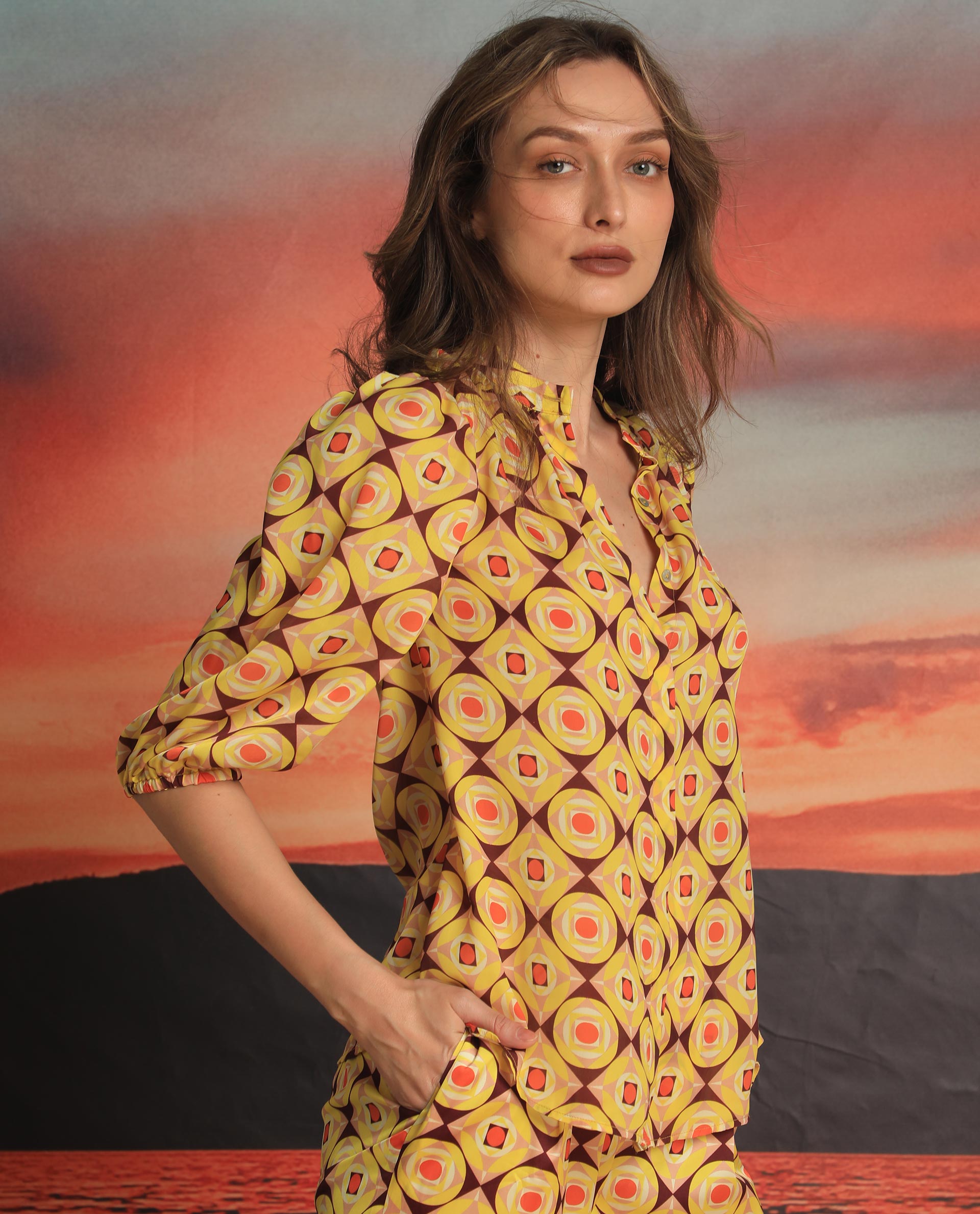 Rareism Women Mason Yellow Polyester Fabric 3/4Th Sleeves Mandarin Collar Balloon Sleeve Regular Fit Geometric Print Top