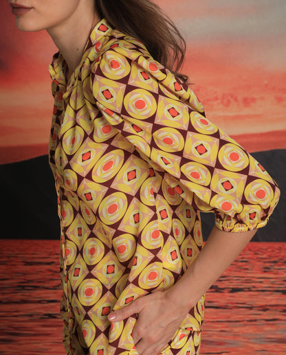 Rareism Women Mason Yellow Polyester Fabric 3/4Th Sleeves Mandarin Collar Balloon Sleeve Regular Fit Geometric Print Top