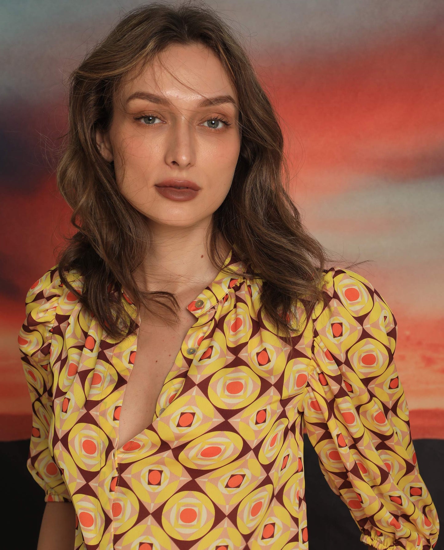 Rareism Women Mason Yellow Polyester Fabric 3/4Th Sleeves Mandarin Collar Balloon Sleeve Regular Fit Geometric Print Top