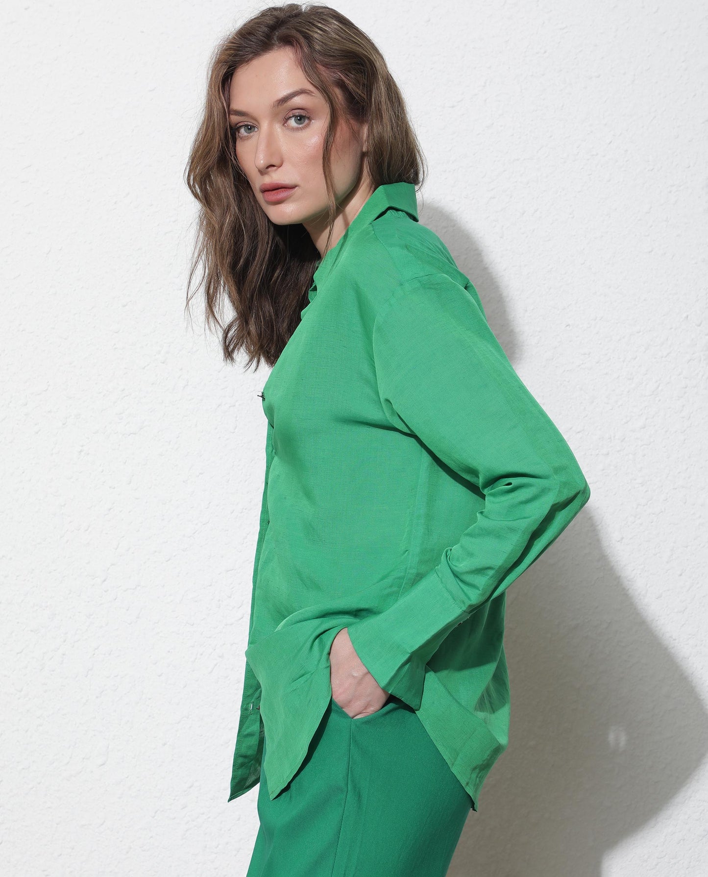 Rareism Women Harper Green Modal Fabric Regular Fit Shirt Collar Full Sleeves Solid Top