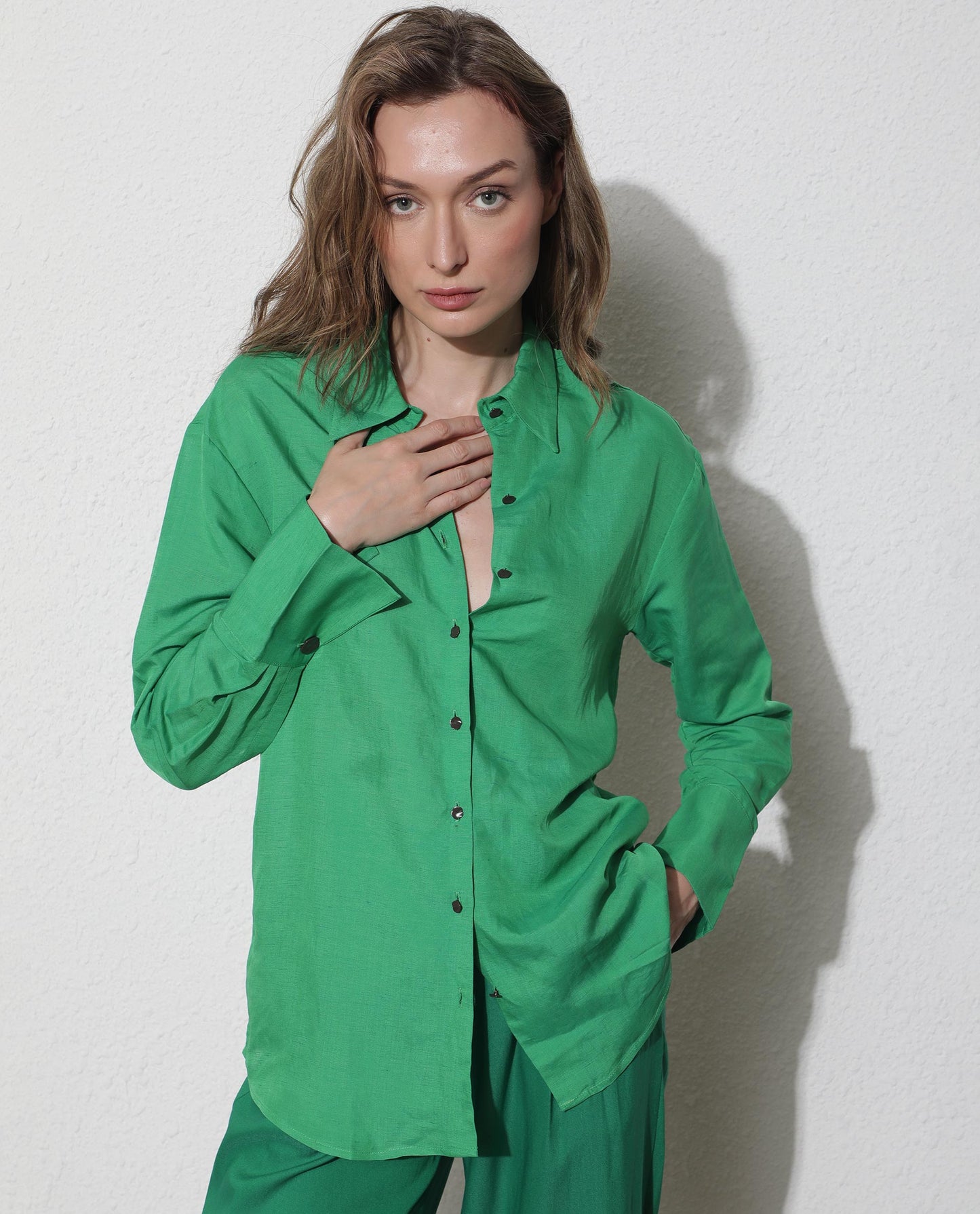 Rareism Women Harper Green Modal Fabric Regular Fit Shirt Collar Full Sleeves Solid Top