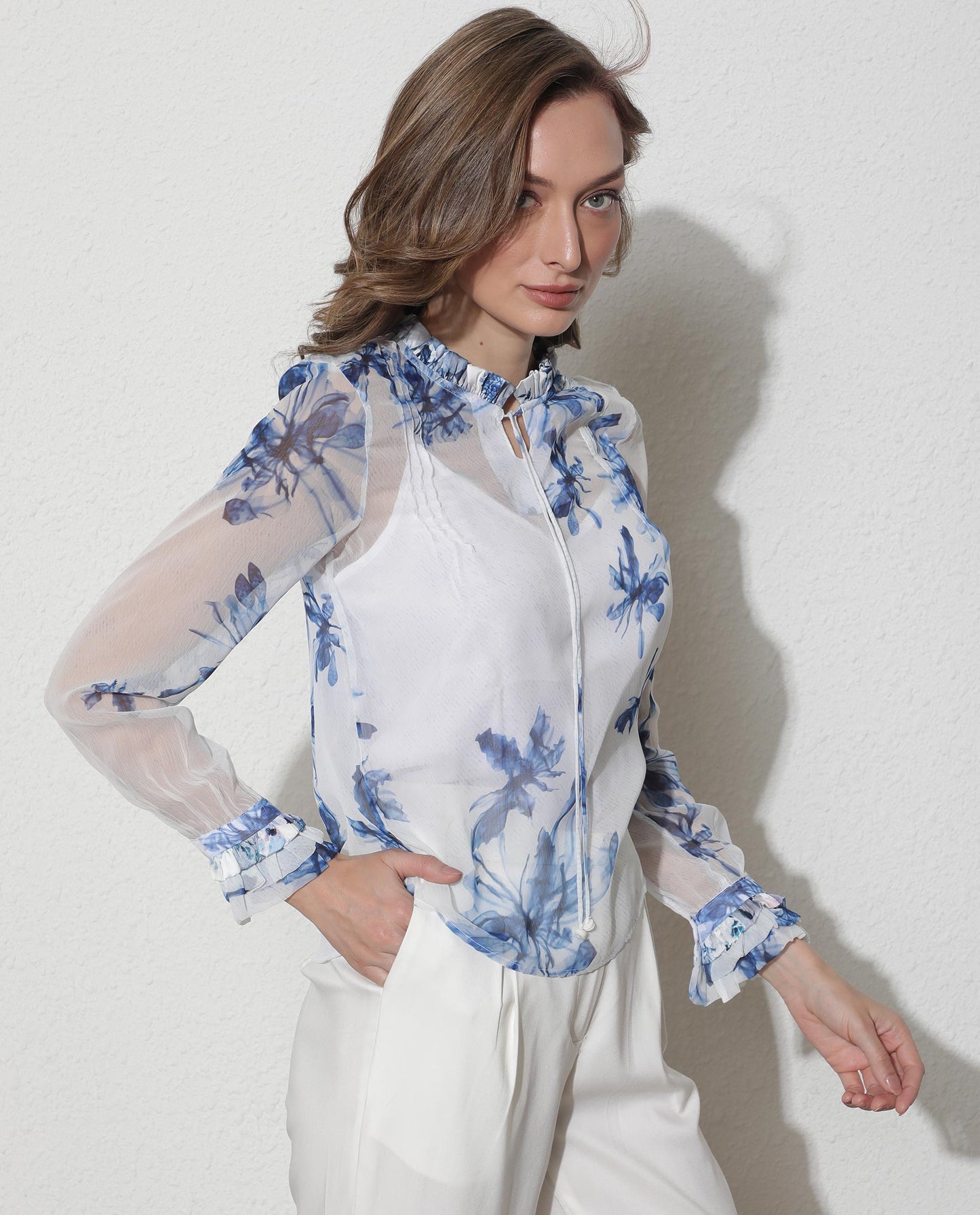 Rareism Women Dream White Polyester Fabric Full Sleeves Tie-Up Neck Ruffled Sleeves Relaxed Fit Abstract Print Top