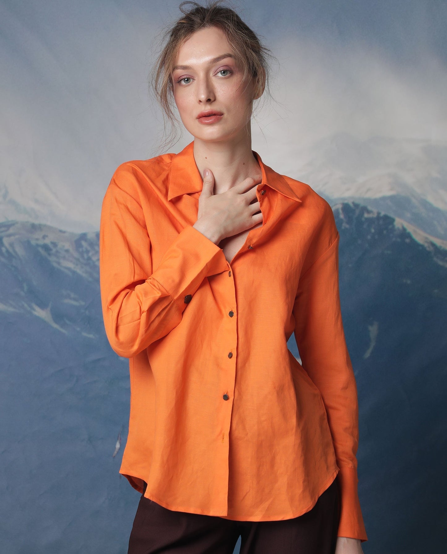 Rareism Women Harper Orange Modal Fabric Full Sleeves Button Closure Shirt Collar Regular Fit Plain Top