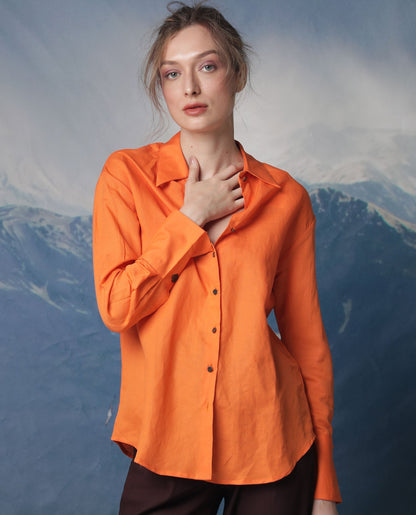 Rareism Women Harper Orange Modal Fabric Full Sleeves Button Closure Shirt Collar Regular Fit Plain Top