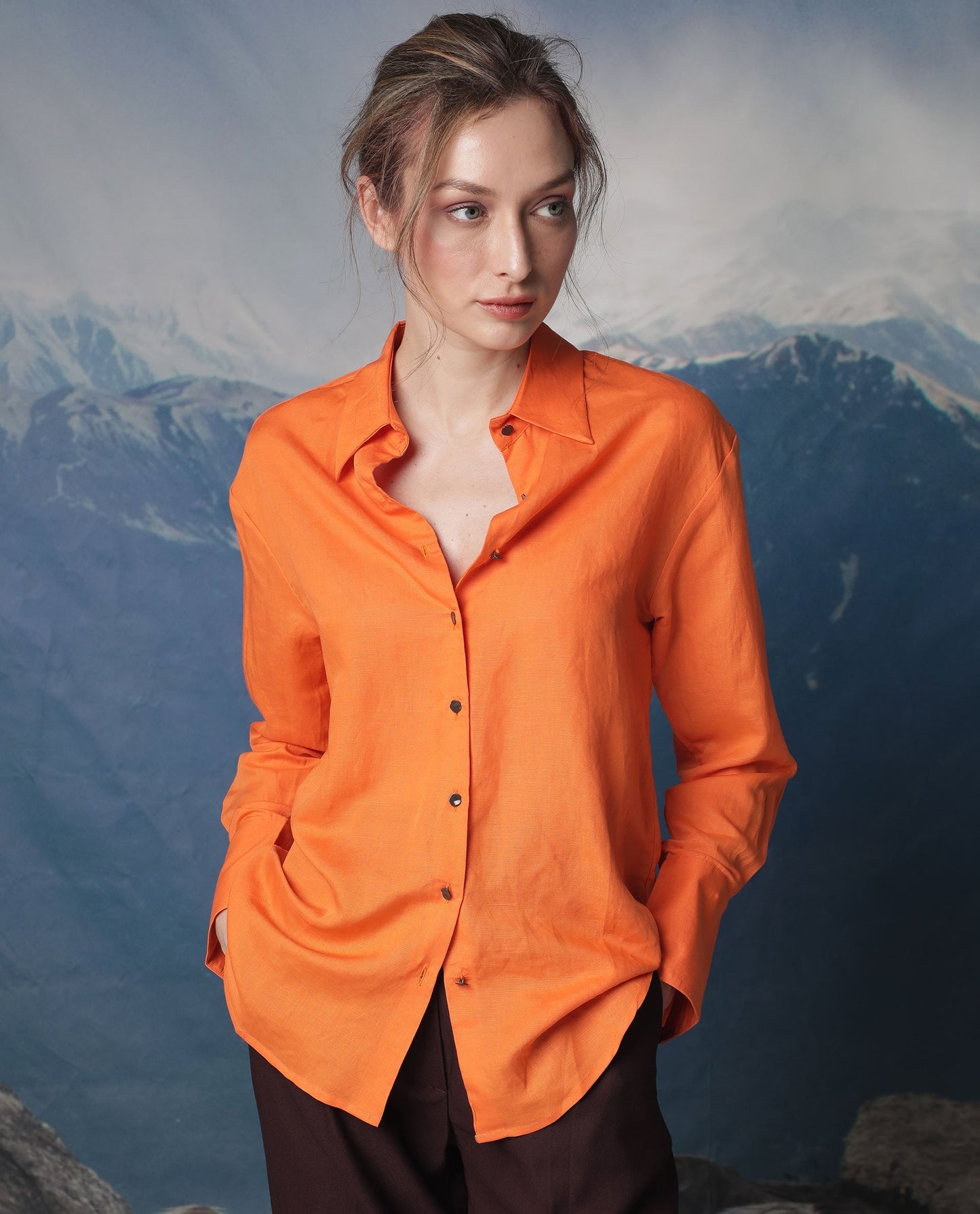 Rareism Women Harper Orange Modal Fabric Full Sleeves Button Closure Shirt Collar Regular Fit Plain Top