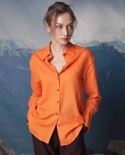 Rareism Women Harper Orange Modal Fabric Full Sleeves Button Closure Shirt Collar Regular Fit Plain Top