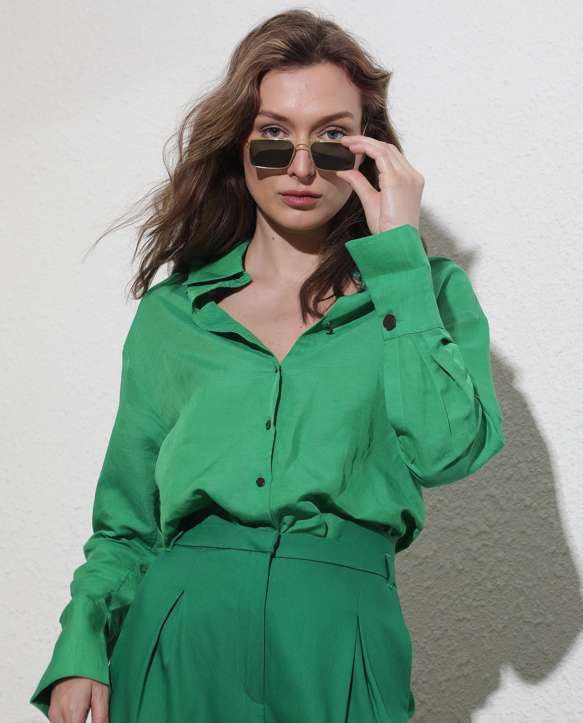 Rareism Women Harper Green Modal Fabric Regular Fit Shirt Collar Full Sleeves Solid Top