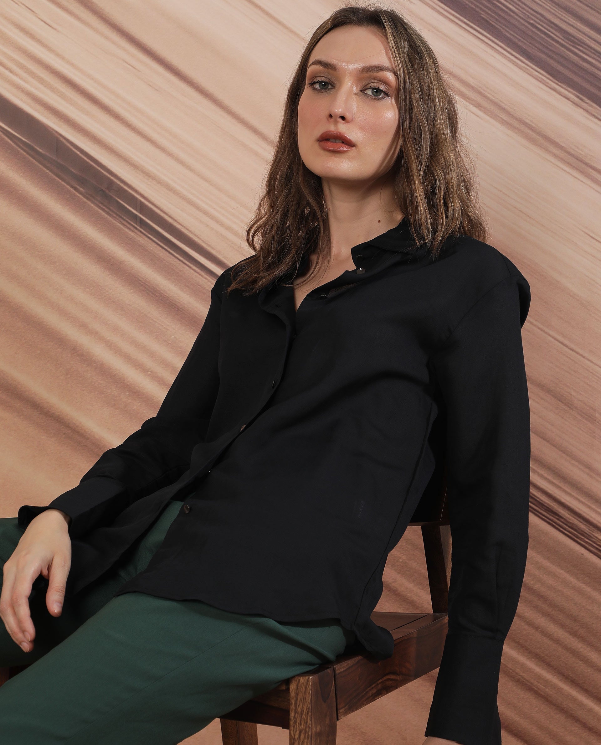 Rareism Women Harper Black Modal Fabric Regular Fit Shirt Collar Full Sleeves Solid Top