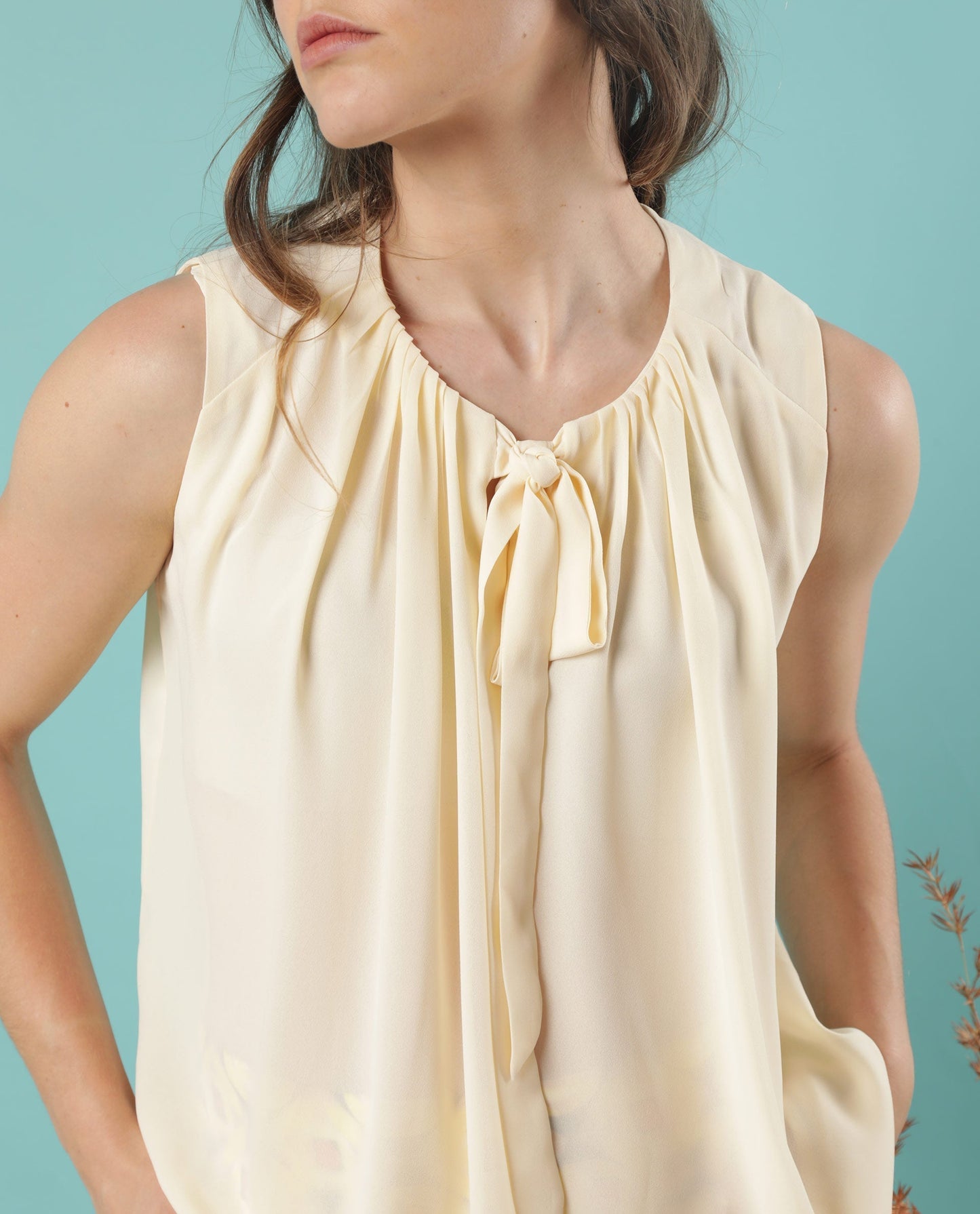 Rareism Women Beverly Beige Polyester Fabric Tie-Up Neck Sleeveless Relaxed Fit Plain Top