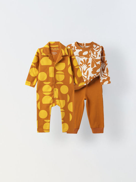 Infant Abstract Print Romper & Floral Sweatshirt Jogger Set - Stylish & Cozy Combo