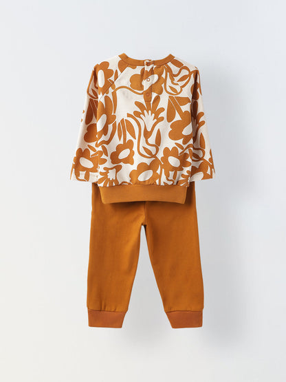 Infant Abstract Print Romper & Floral Sweatshirt Jogger Set - Stylish & Cozy Combo