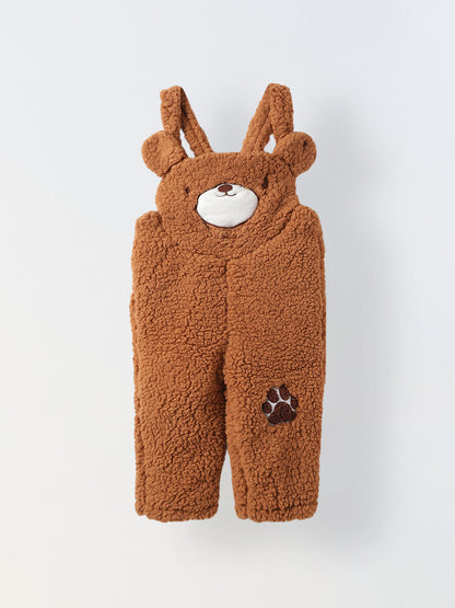 Infant Fuzzy Bear Overalls Romper with Ear Detail - Soft & Cozy Animal Outfit