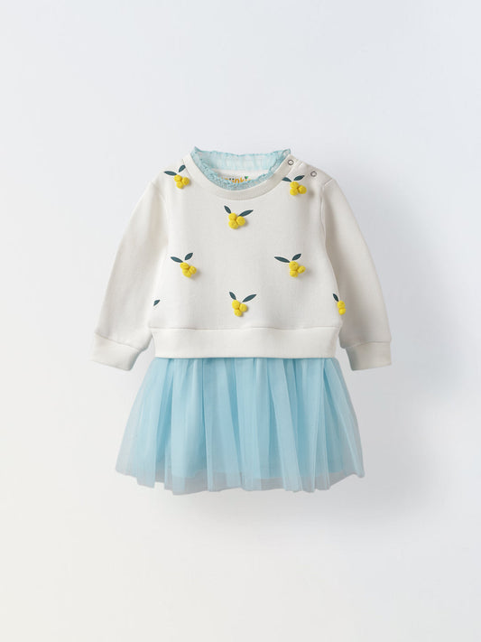 Infant Pom-Pom Sweater Dress with Blue Tulle Skirt - Sweet & Stylish Outfit