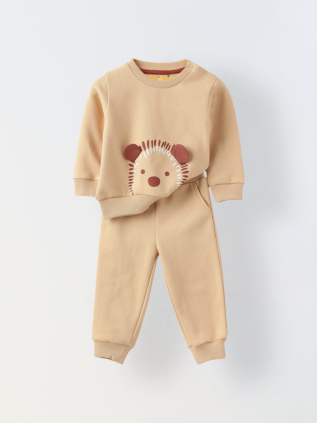 Baby Beige Teddy Bear Print-Knit Sweatshirt with Jogger