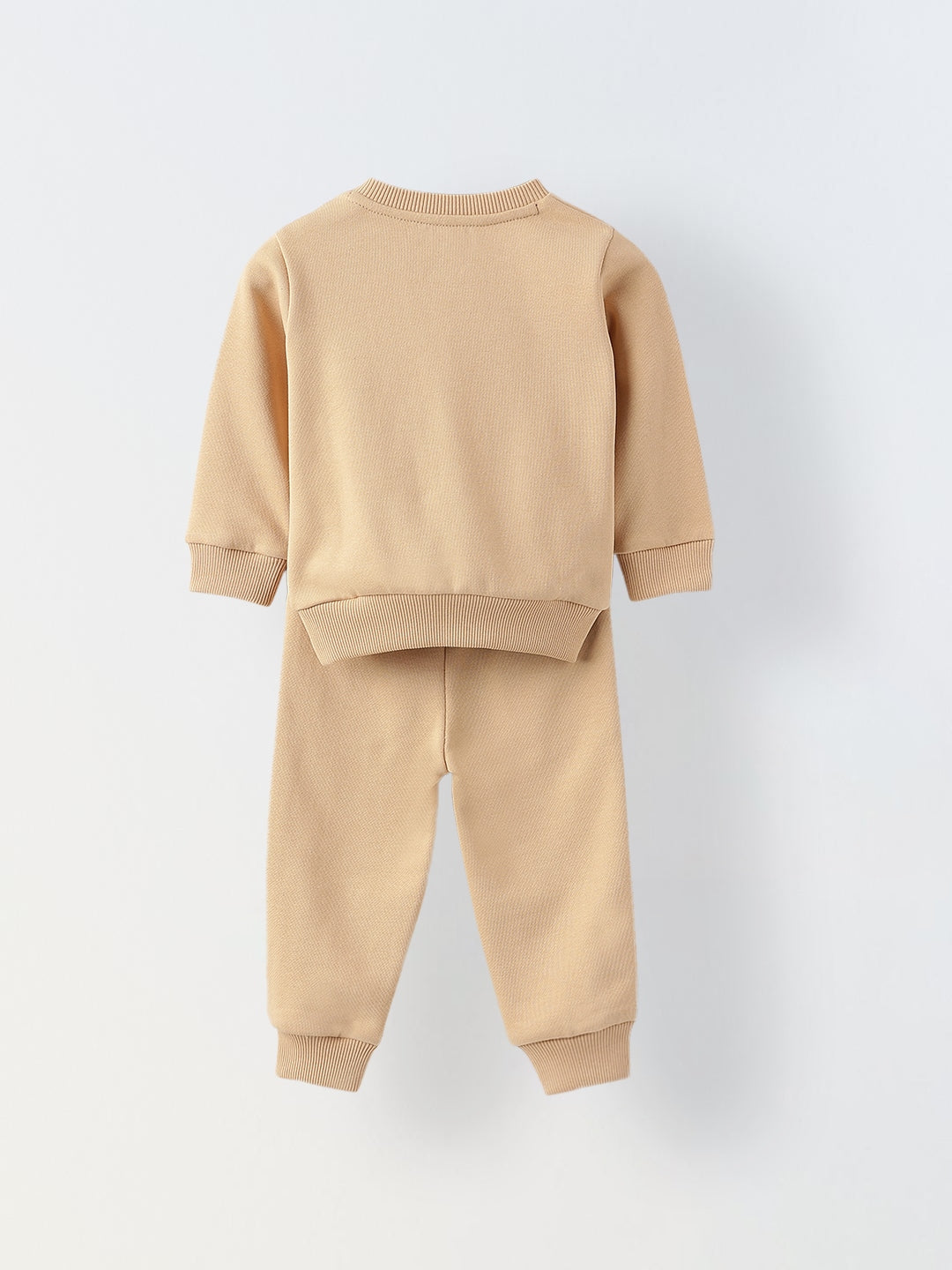 Baby Beige Teddy Bear Print-Knit Sweatshirt with Jogger