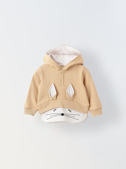 Unisex Beige Cute kitty Printed Hoodie