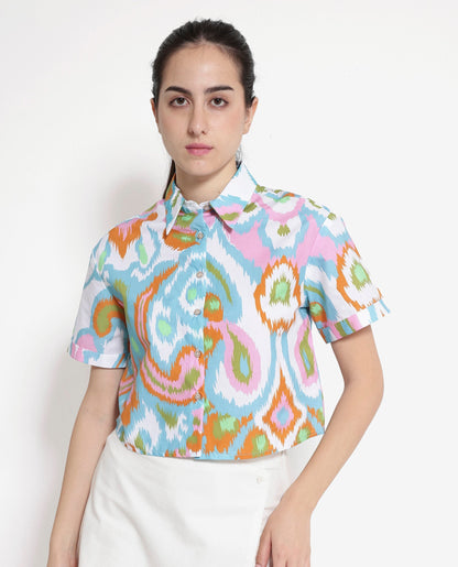 Rareism Women Inkia Multi Short Sleeve Collared Neck  Cropped Abstract Print Top