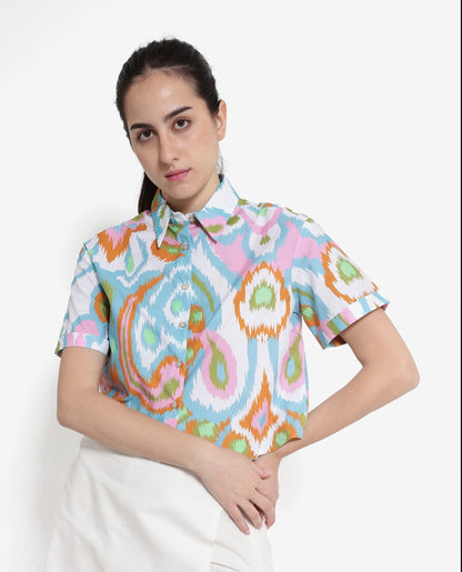 Rareism Women Inkia Multi Short Sleeve Collared Neck  Cropped Abstract Print Top