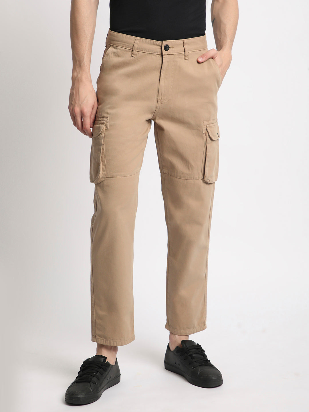  Men Solid Mid Rise Pure Cotton Cargo Trouser