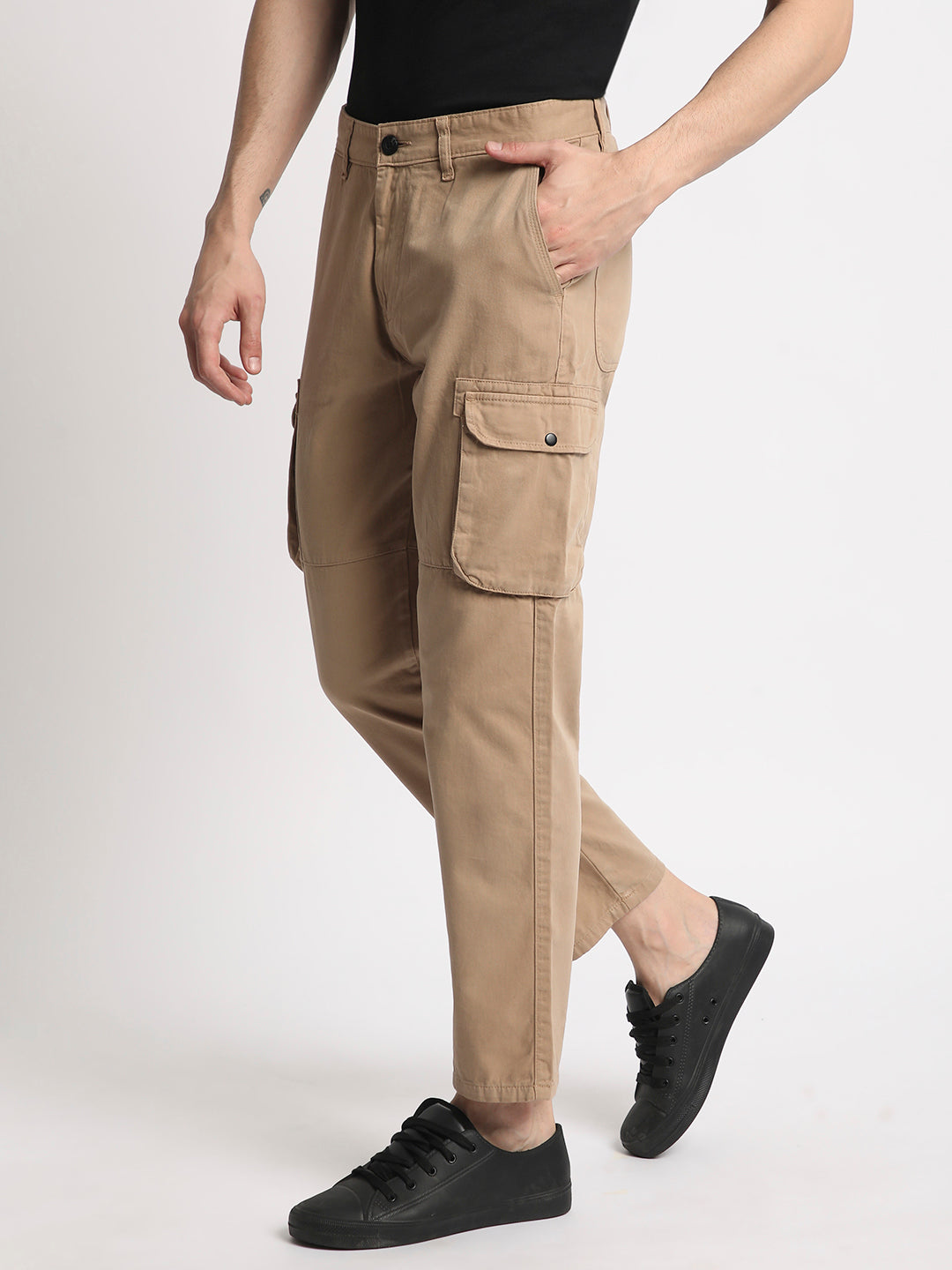  Men Solid Mid Rise Pure Cotton Cargo Trouser