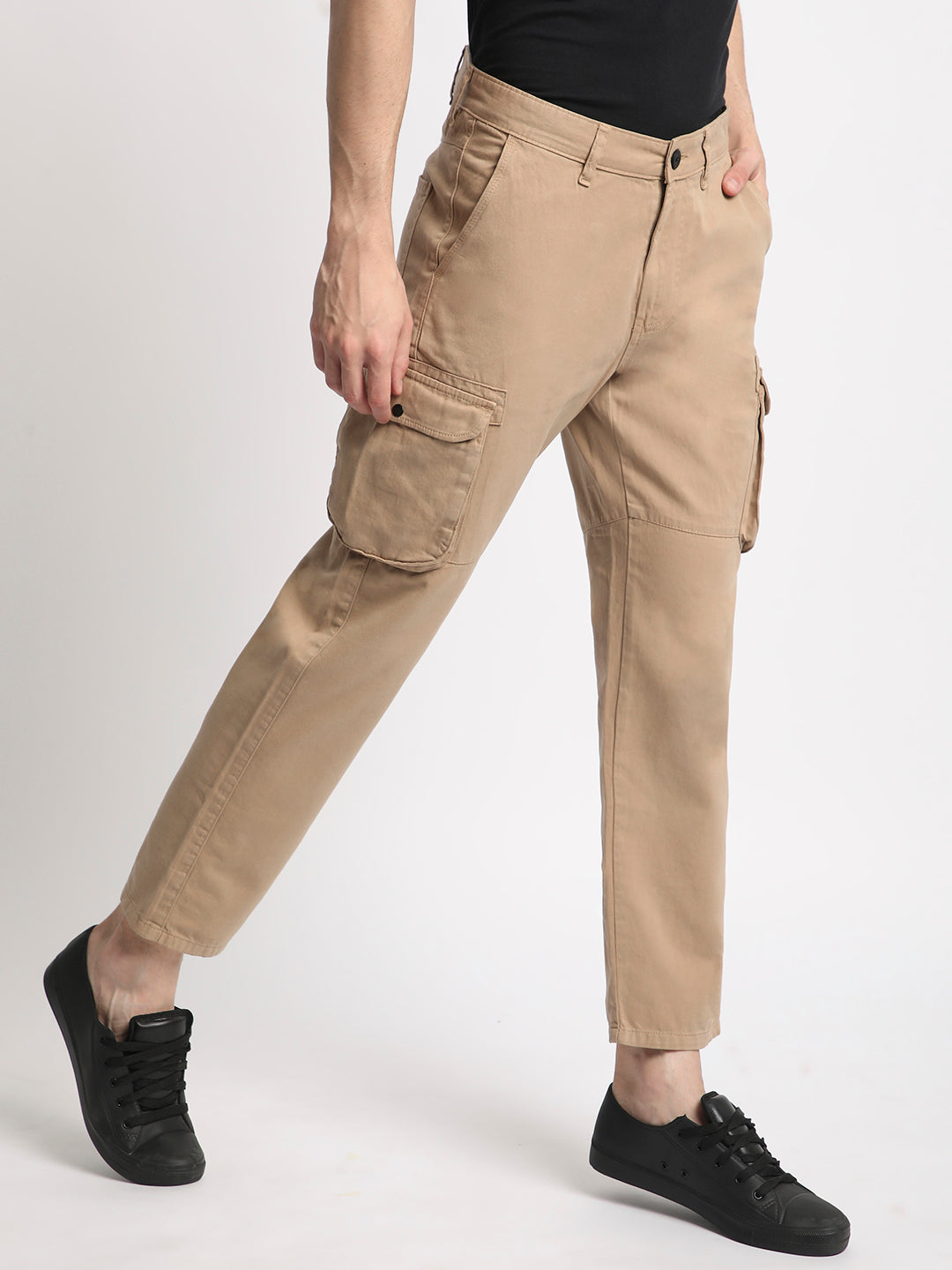  Men Solid Mid Rise Pure Cotton Cargo Trouser