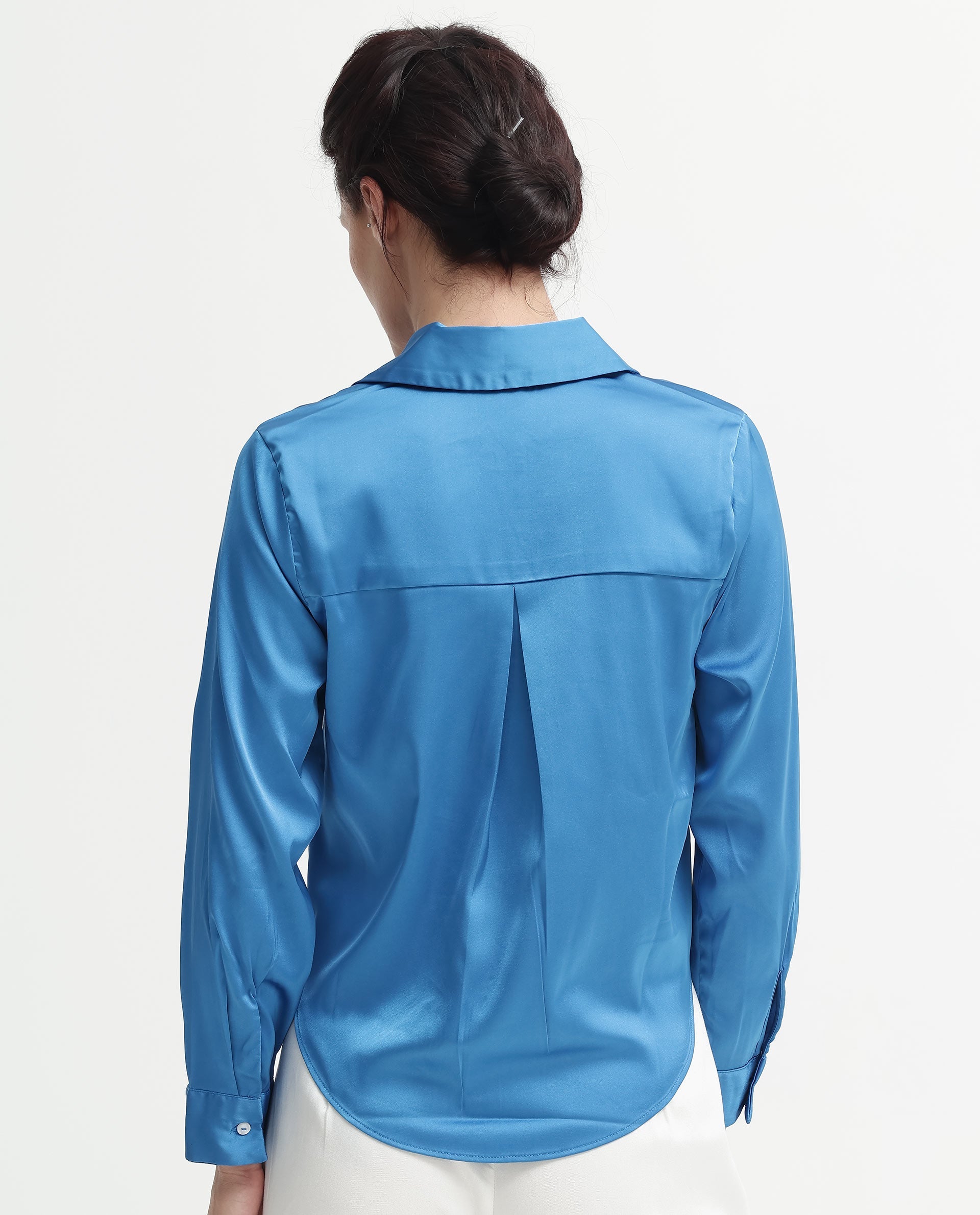 Rareism Women Irteen Flouroscent Blue Polyester Fabric Regular Sleeves Collared Neck Solid Regular Length Top