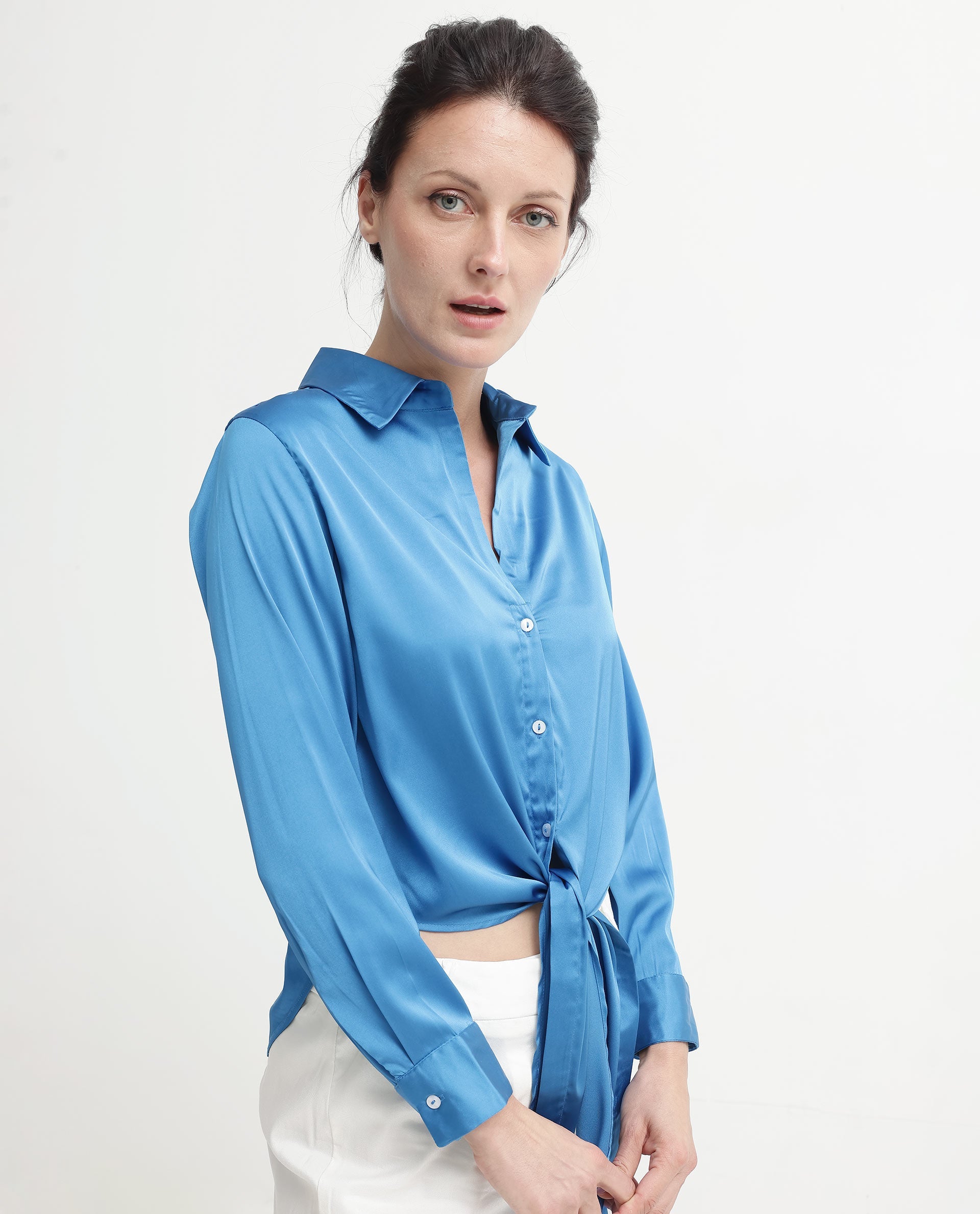 Rareism Women Irteen Flouroscent Blue Polyester Fabric Regular Sleeves Collared Neck Solid Regular Length Top