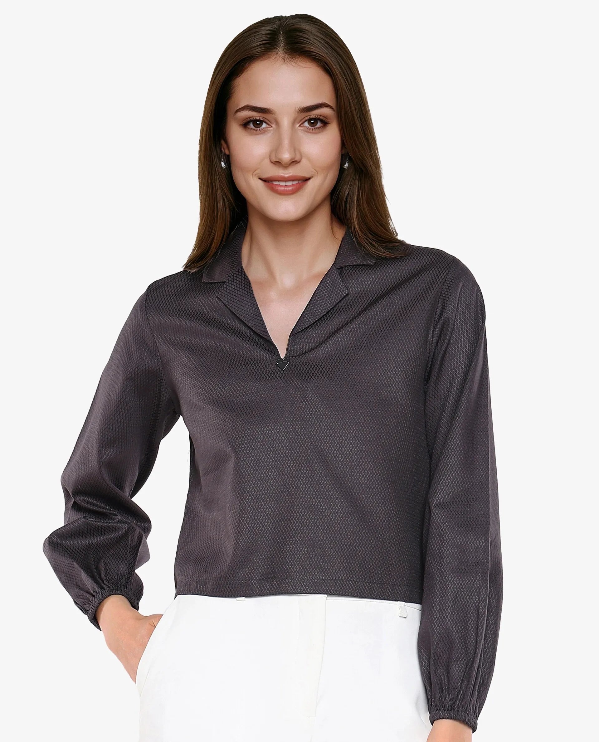 Rareism Women Istanbul Grey Bishop Sleeve Lapel Collar Cropped Plain Top