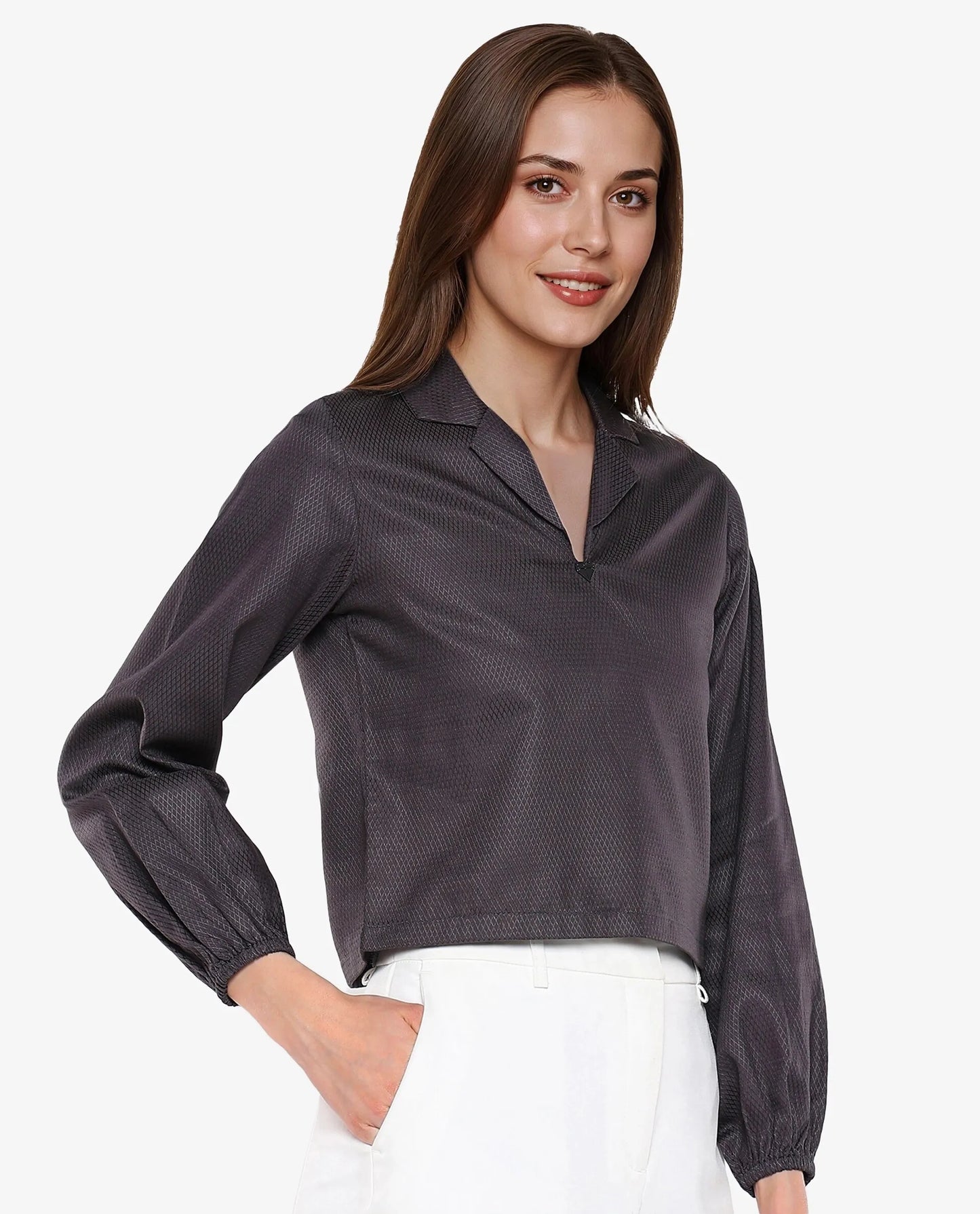 Rareism Women Istanbul Grey Bishop Sleeve Lapel Collar Cropped Plain Top