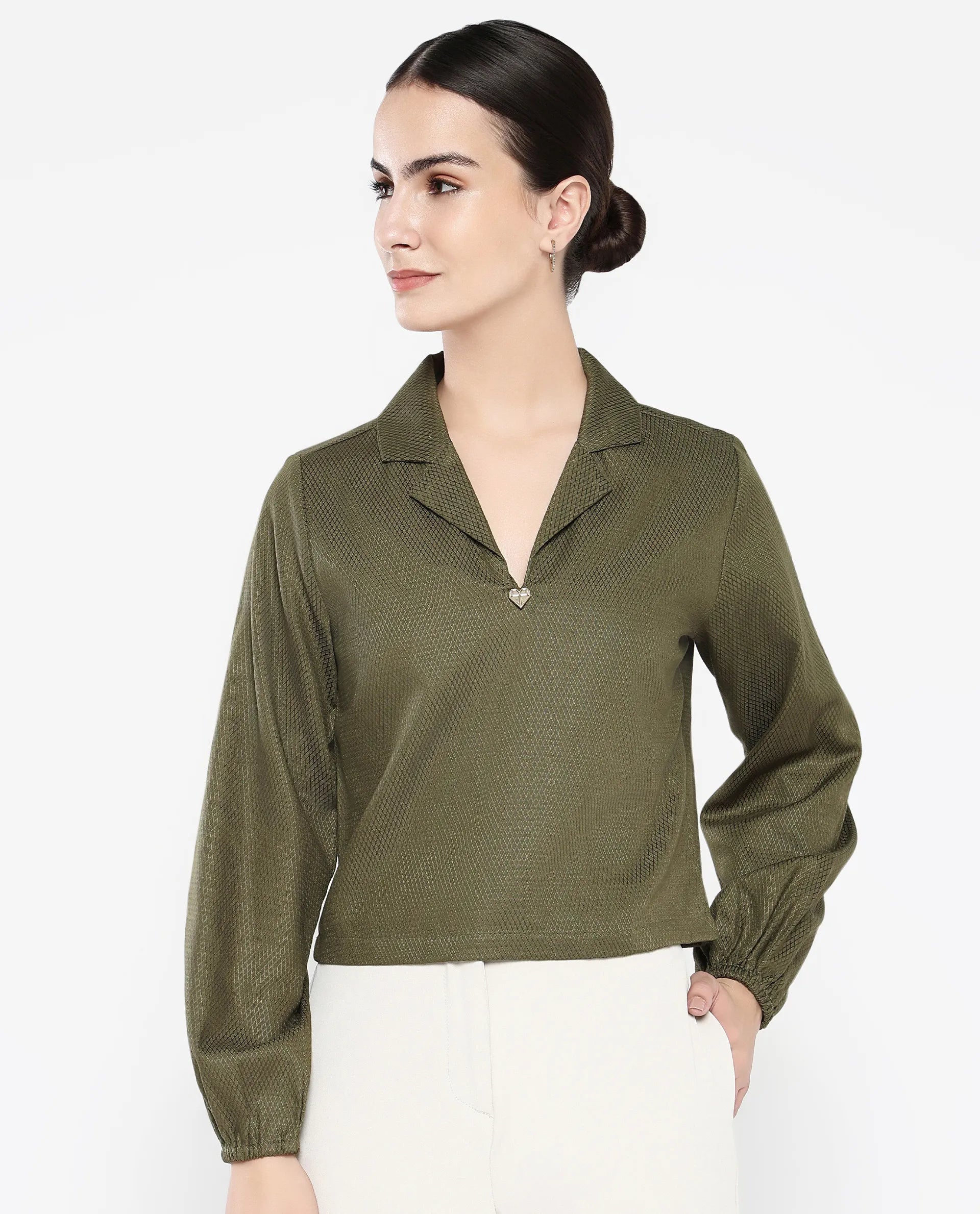 Rareism Women Istanbul Green Bishop Sleeve Lapel Collar Cropped Plain Top