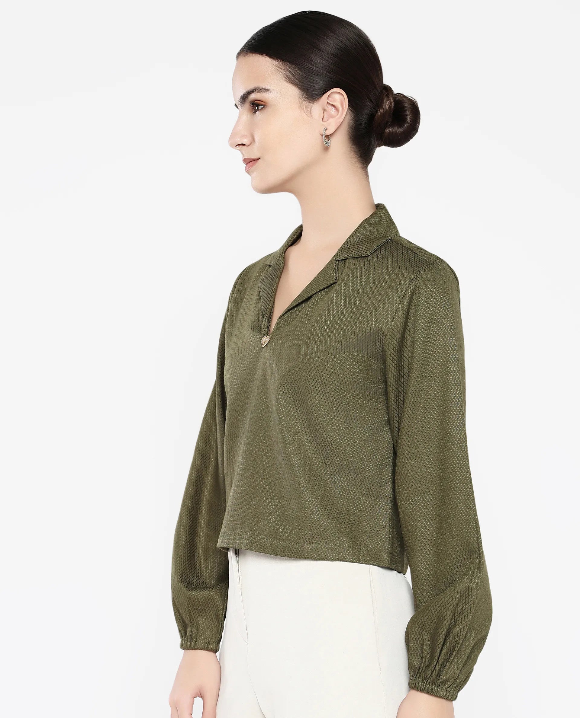 Rareism Women Istanbul Green Bishop Sleeve Lapel Collar Cropped Plain Top