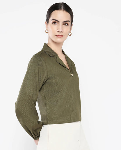 Rareism Women Istanbul Green Bishop Sleeve Lapel Collar Cropped Plain Top