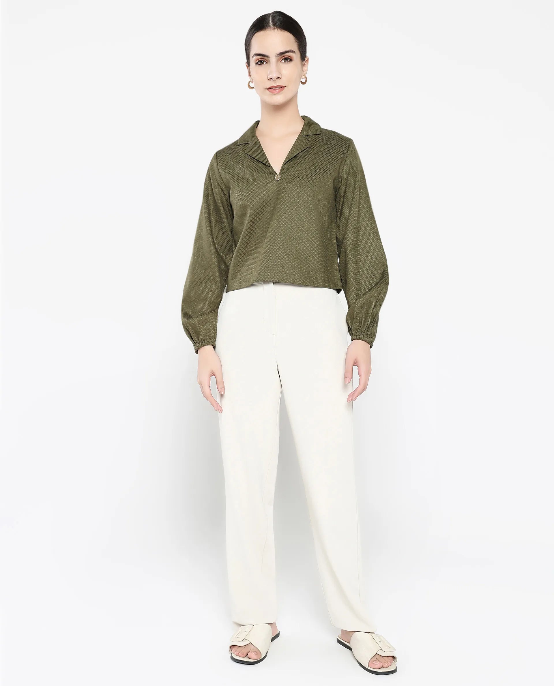 Rareism Women Istanbul Green Bishop Sleeve Lapel Collar Cropped Plain Top