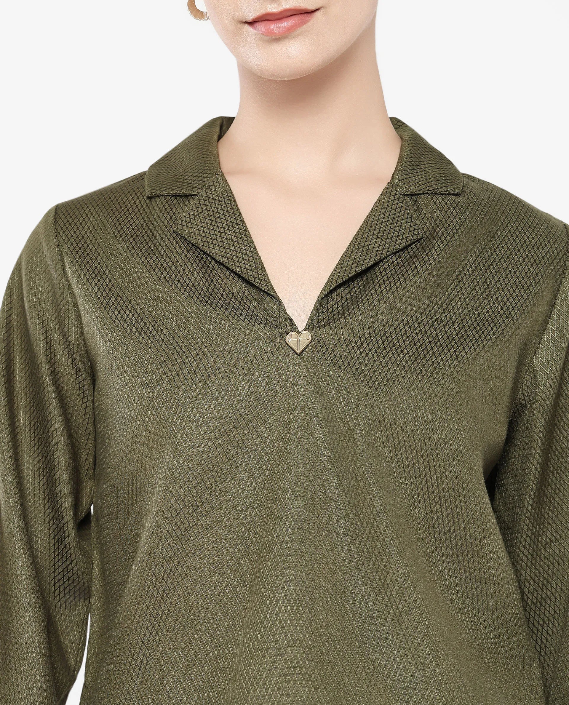 Rareism Women Istanbul Green Bishop Sleeve Lapel Collar Cropped Plain Top