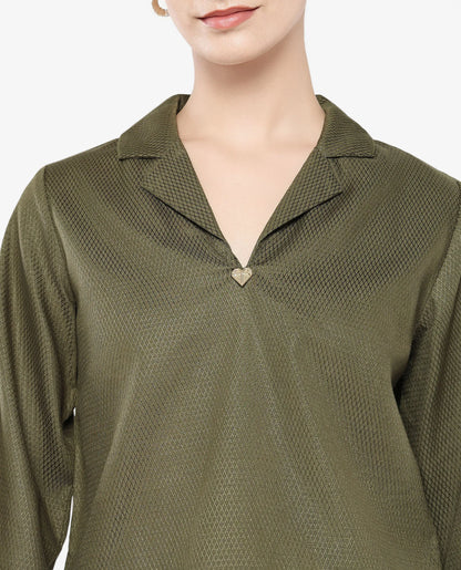 Rareism Women Istanbul Green Bishop Sleeve Lapel Collar Cropped Plain Top