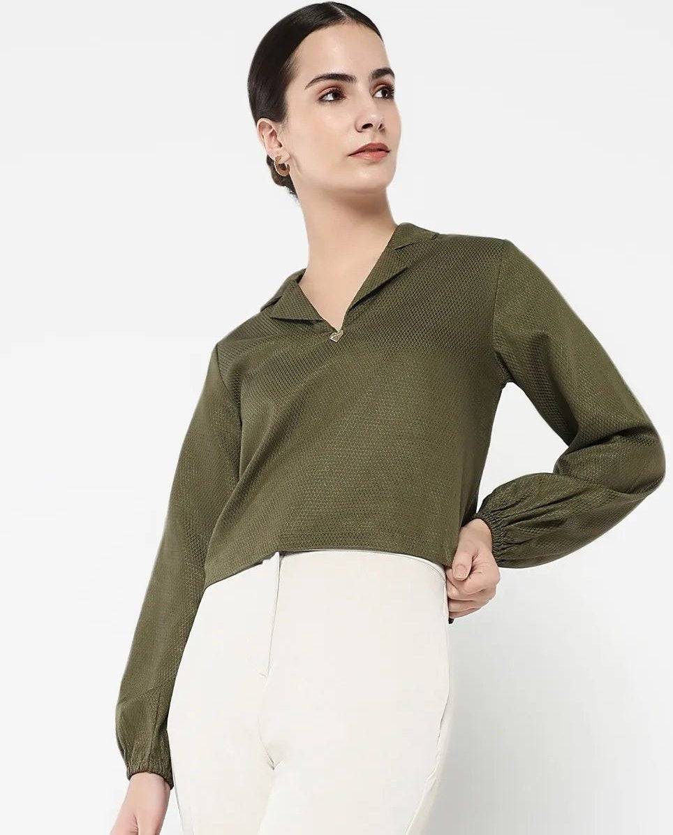 Rareism Women Istanbul Green Bishop Sleeve Lapel Collar Cropped Plain Top