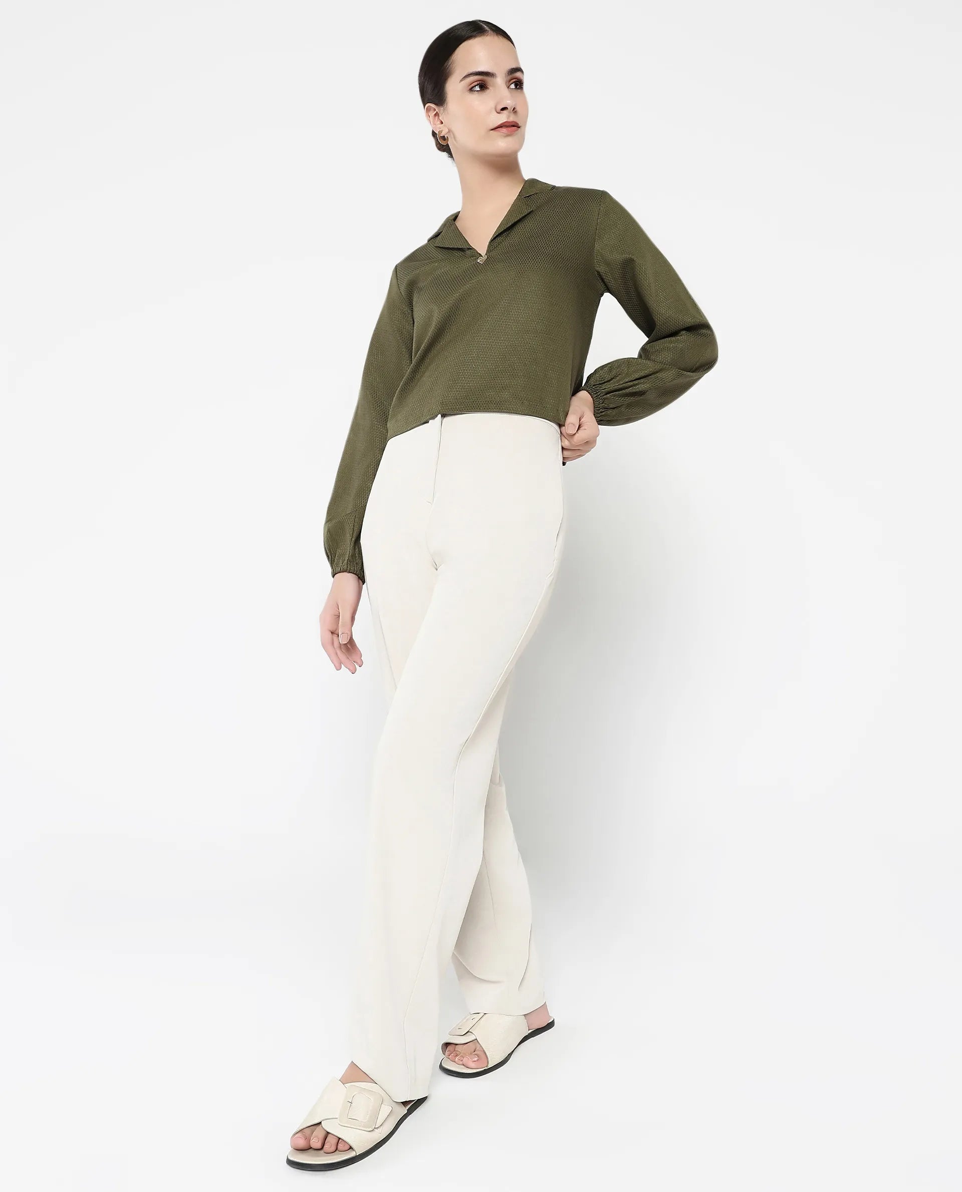 Rareism Women Istanbul Green Bishop Sleeve Lapel Collar Cropped Plain Top