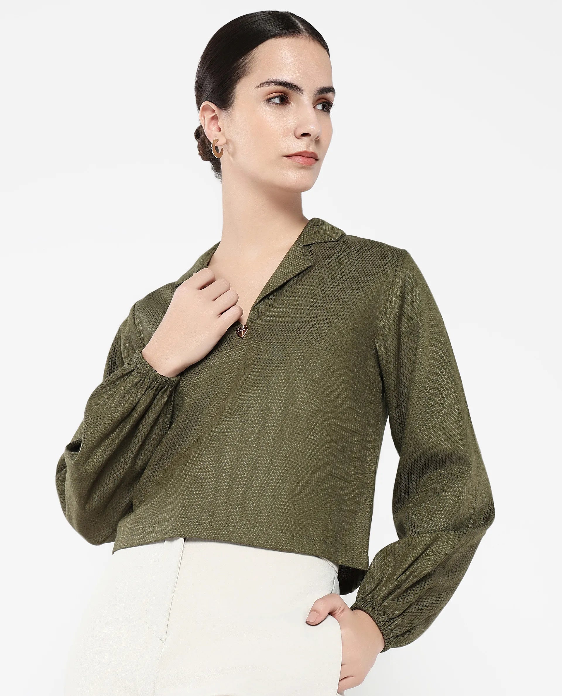 Rareism Women Istanbul Green Bishop Sleeve Lapel Collar Cropped Plain Top