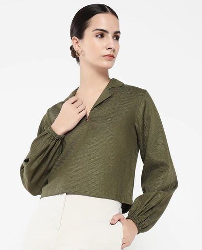 Rareism Women Istanbul Green Bishop Sleeve Lapel Collar Cropped Plain Top