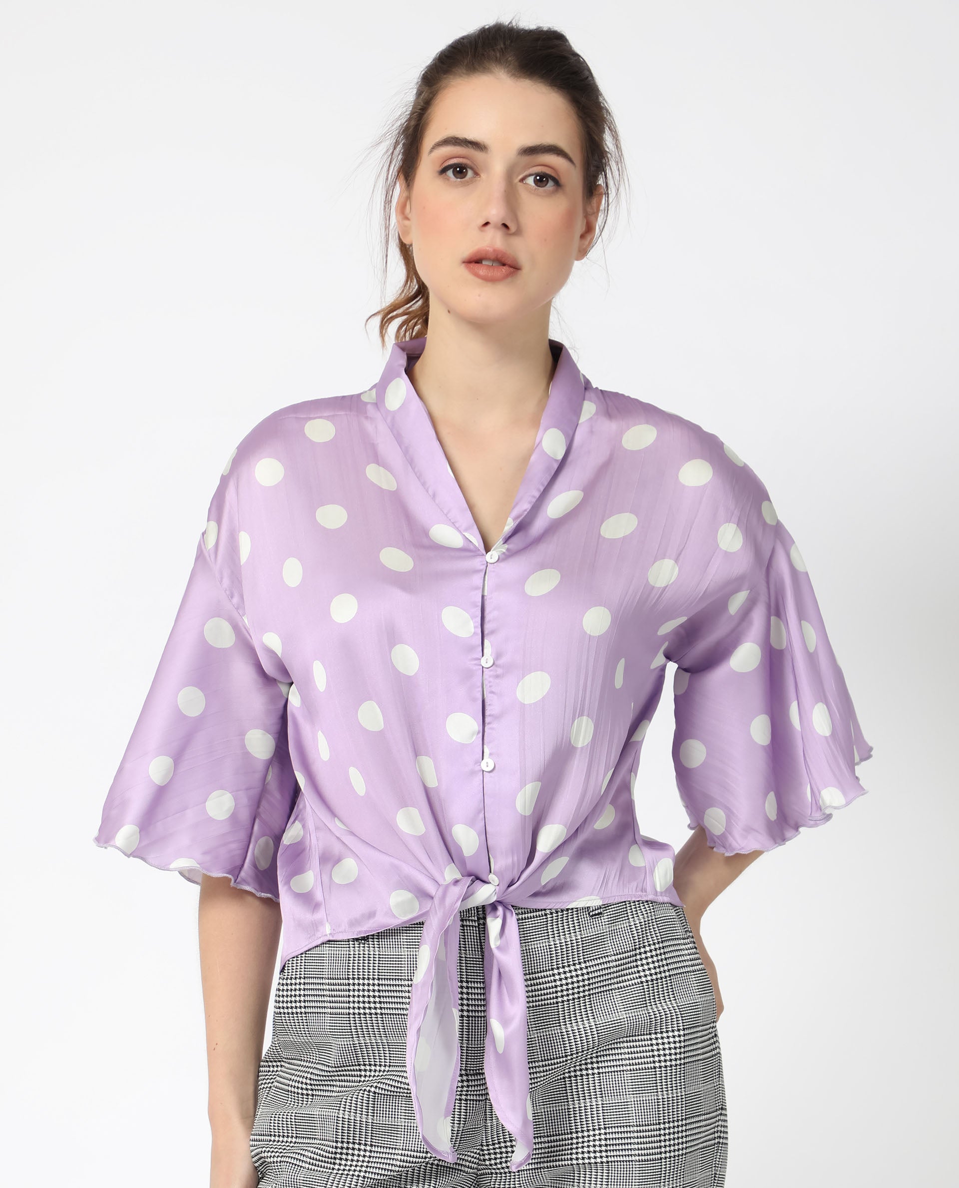 Rareism Women Izzy Pastel Purple Polyester Fabric Short Sleeves Button Closure Flared Sleeve Regular Fit Polka Blouse Top