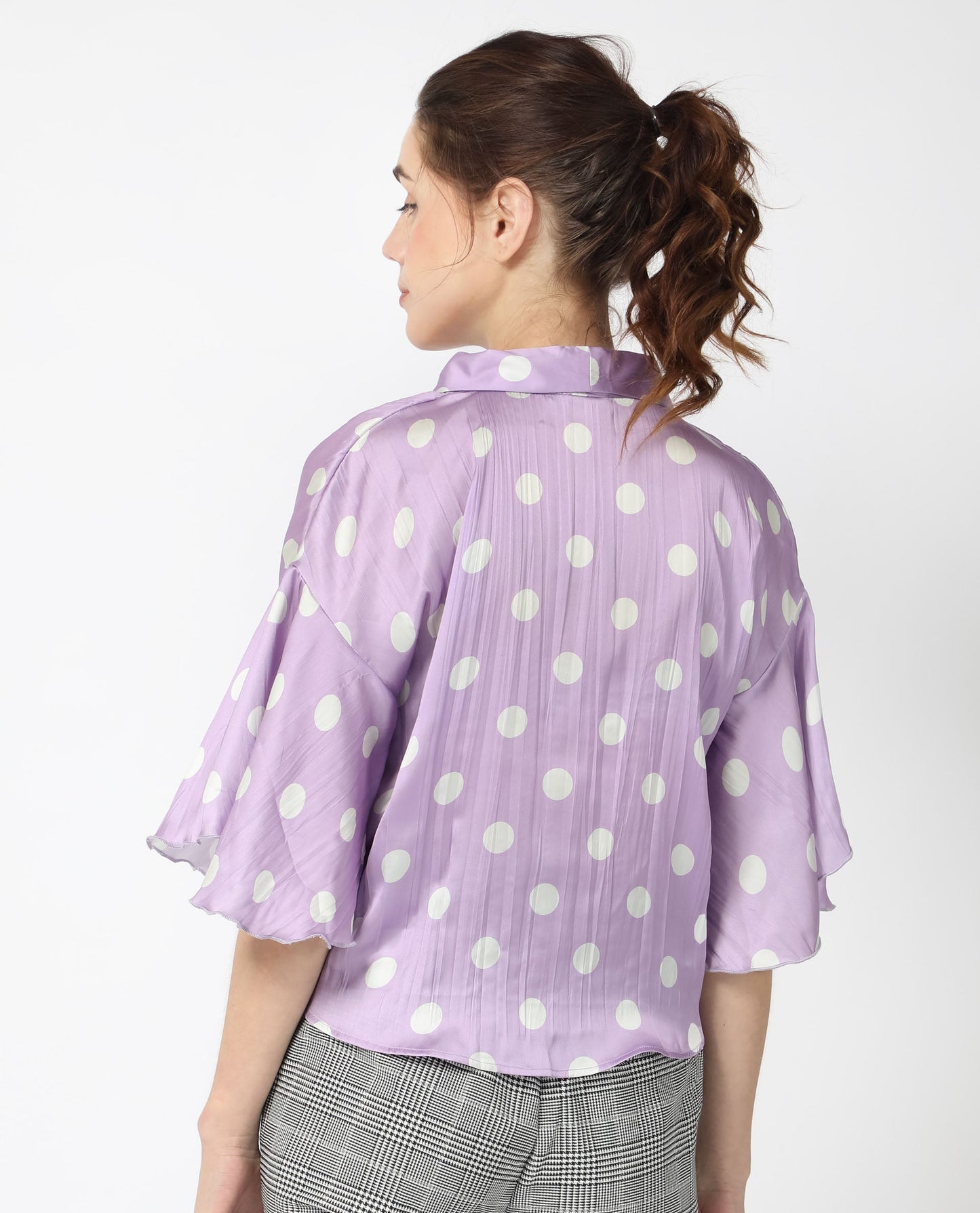 Rareism Women Izzy Pastel Purple Polyester Fabric Short Sleeves Button Closure Flared Sleeve Regular Fit Polka Blouse Top