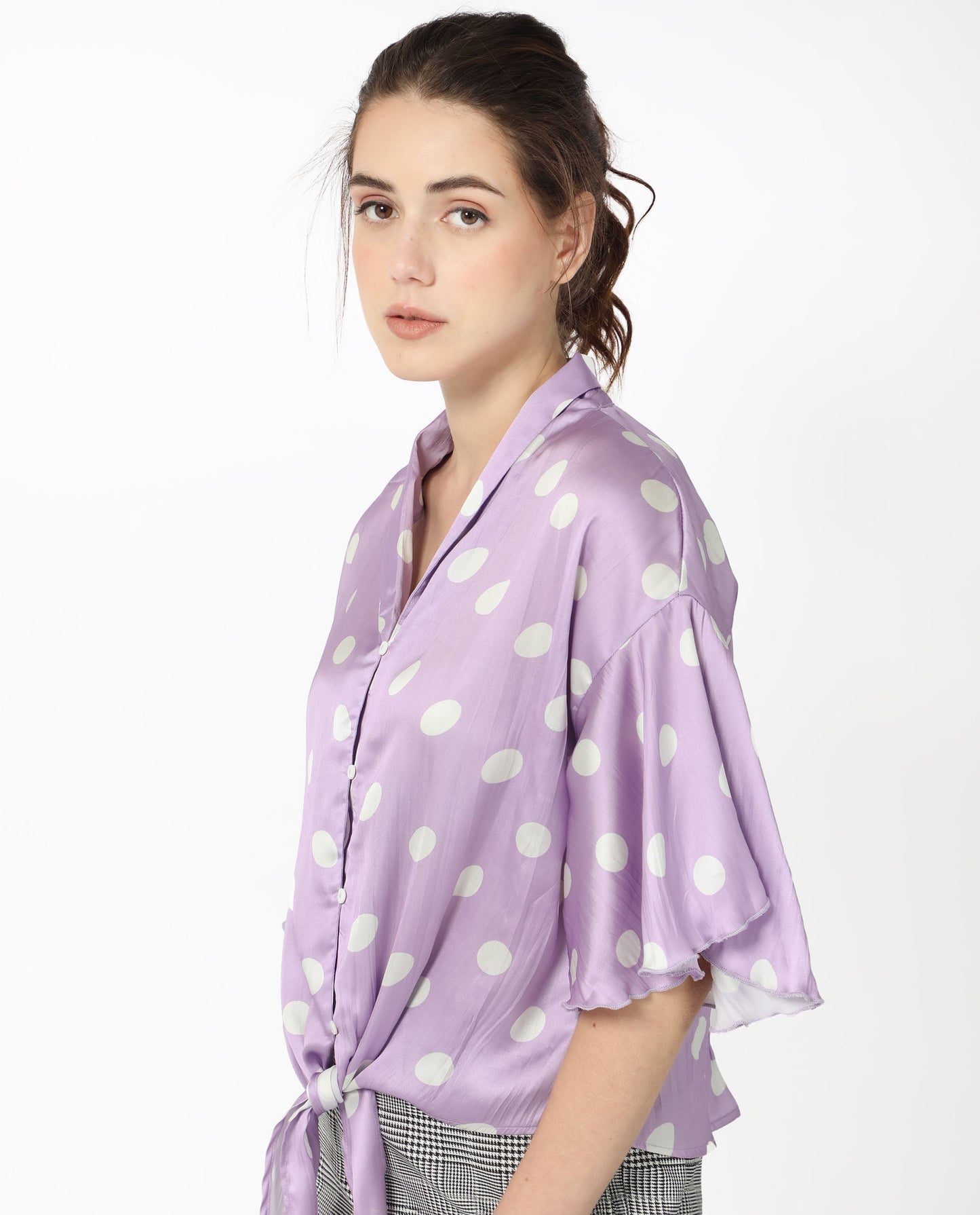 Rareism Women Izzy Pastel Purple Polyester Fabric Short Sleeves Button Closure Flared Sleeve Regular Fit Polka Blouse Top