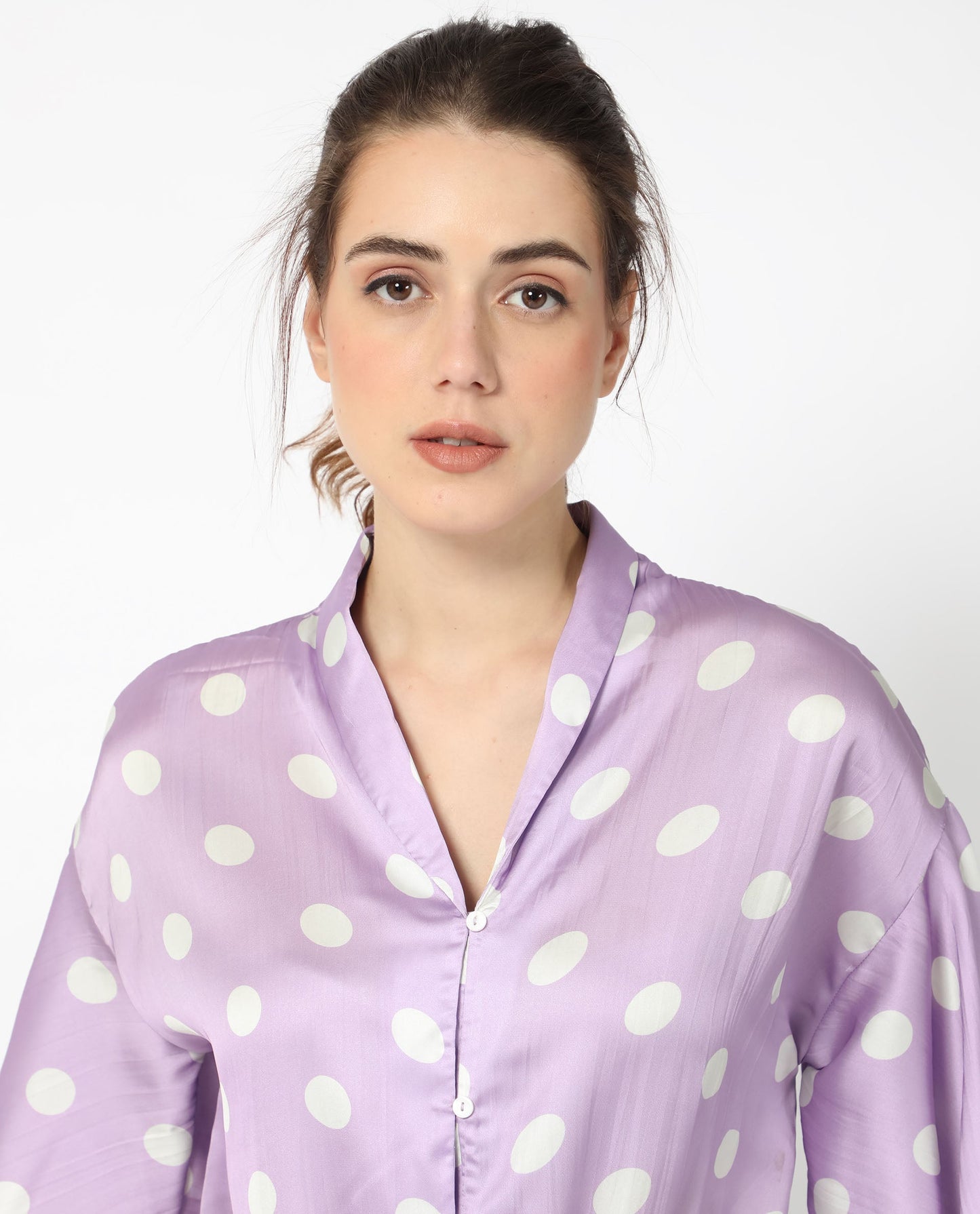 Rareism Women Izzy Pastel Purple Polyester Fabric Short Sleeves Button Closure Flared Sleeve Regular Fit Polka Blouse Top