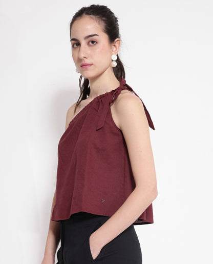 Rareism Women Jarza Maroon One Shoulder Tie Up Plain Cropped Top