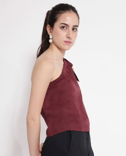 Rareism Women Jarza Maroon One Shoulder Tie Up Plain Cropped Top